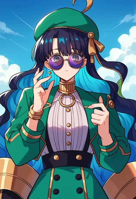 score_9, score_8_up,score_7_up, source_anime, rating_safe, ,looking over eyewear,blue hair,multicolored hair,solo,buttons,purple-tinted eyewear,fate/grand order,blue-tinted eyewear,tenochtitlan \(fate\),green hat,round eyewear,zipper,tinted eyewear,green jacket,1girl,fate \(series\),tenochtitlan \(second ascension\) \(fate\),o-ring,double-breasted,sunglasses,black hair,colored inner hair,hat,highres,neck ring,jewelry,bracelet,looking at viewer,hipo,jacket,wavy hair,beret,grey eyes