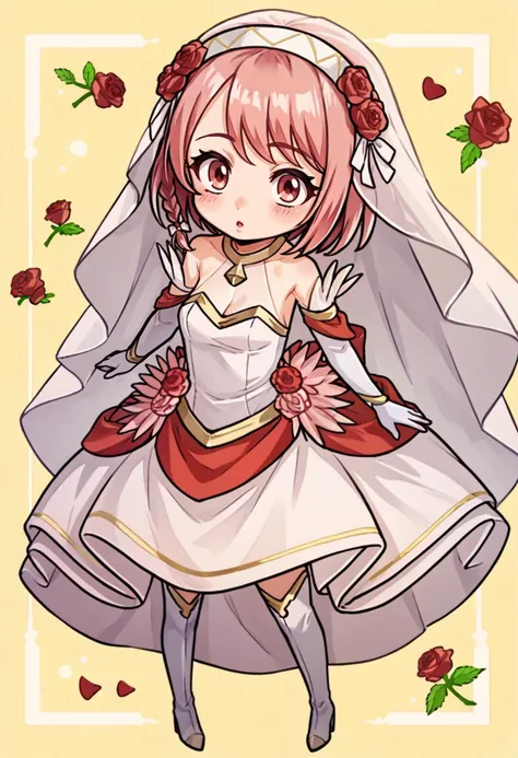 score_9, score_8_up, score_7_up, source_anime, 1girl, chibi, cute, full body, standing, looking at you, chestnut mouth, BREAK <lora:LapisFE-pdxl:1> brdLapis, short hair, side braid, rose hair ornament, bridal veil, wedding dress, cleavage, strapless, white elbow gloves, white thigh boots, yellow background