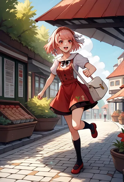 score_9, score_8_up, score_7_up, source_anime, 1girl, running, open mouth, smile, BREAK <lora:LapisFE-pdxl:1> casLapis, short hair, side braid, two-tone hairband, hair ribbon, white ribbon, shoulder bag, red pinafore dress, medium breasts, black socks, red mary janes, outdoors, shop, cobblestone, sky