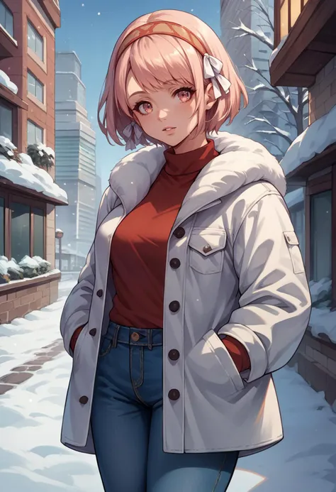 score_9, score_8_up, score_7_up, source_anime, 1girl, cowboy shot, looking at viewer, parted lips, hands in pockets, <lora:LapisFE-pdxl:1> rndLapis, short hair, two-tone hairband, hair ribbon, winter coat, medium breasts, jeans, outdoors, city, snow