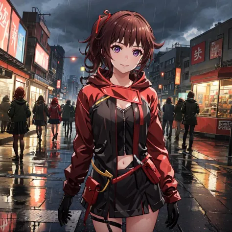<lora:Hanabi-10:0.6> Hanabi, OSF Cadet Uniform, full body pov, light brown hair, red hairtie, side ponytail, black gloves, mini skirt, satchel, black boots, purple eyes,
masterpiece, best quality, absurdres, outdoors, city, cyberpunk, smile, night, rain, close up, upper body