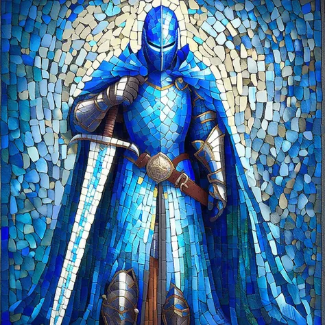 ArsMJStyle, Mosaic, weapon, sword, armor, solo, cape, knight, full armor, 1boy, helmet, male focus, holding, holding sword, holding weapon, blue cape, gauntlets, greaves, ArsMJStyle, Mosaic art