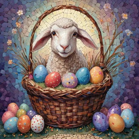 , symbolic religious illustration lamb, hopeful, , basket, filled with candy or eggs, male  easter bunny, anthropomorphic hare, colorful eggs, festive clothing and accessories, basket filled with easter eggs, fertility, rebirth, spring, cheerful, Polka dots (paintbrush, cotton swab) , soft, warm lighting, ArsMJStyle, Mosaic art  <lora:ArsMJStyle_-_Mosaic:1>