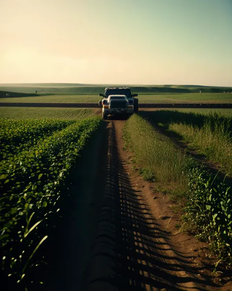 a farm with a house and a truck in the middle of the field ,   unreal 5, a raytraced image