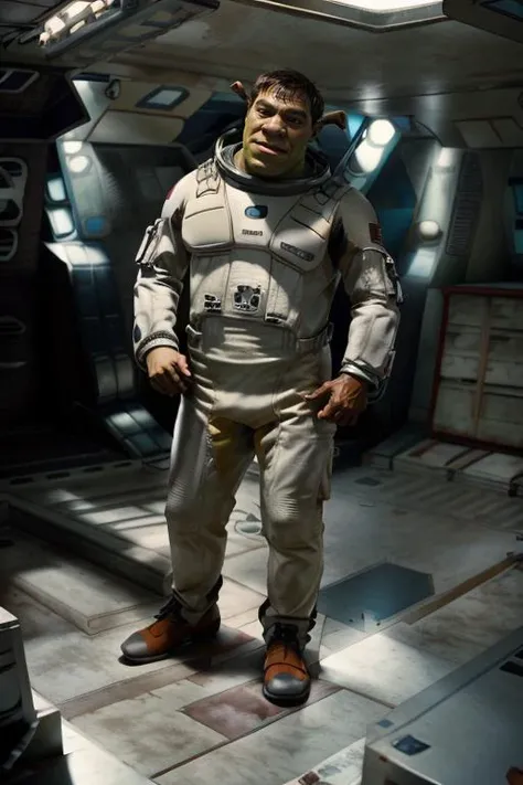 <lora:Interstellar_Style:1> <lora:Shrek_remasteredV1:0.8> photograph full body shot of shrek astronaut, realistic skin, green skin, looking at viewer, DSLR