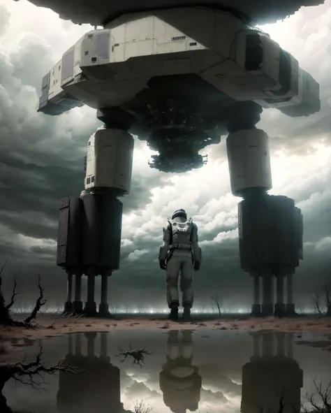 , <lora:Interstellar_Style:0.75>, cloudy sky, (solitary astronaut:1.1), giant spacecraft flying in the sky, Flint Gray Light blue Gunmetal protective gear, body-tight, desolate alien landscape, dead trees, swamp, bushes, lonely, art by Jason Ebeyer, symmetric, eery, frightening, sad, sci-fi, dirty, stained, thunderstorm, lightning, flying fortress, glowing engines, reflections, intricate, alien invasion, crater, wartorn, dust, smoke, masterpiece, the greatest details, 8k, UHD, HDR