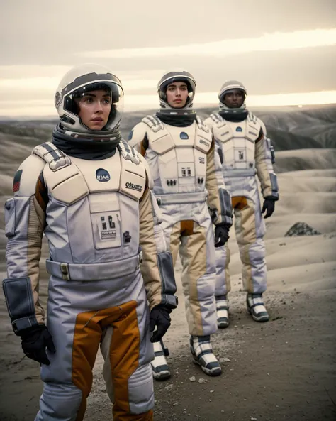 a group of astronauts standing in a line , unreal 5, a raytraced image