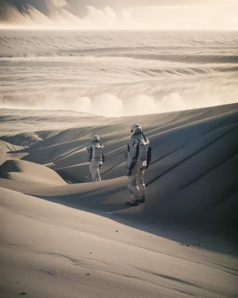 two astronauts in spacesuits standing in a barren area , unreal 5, a raytraced image