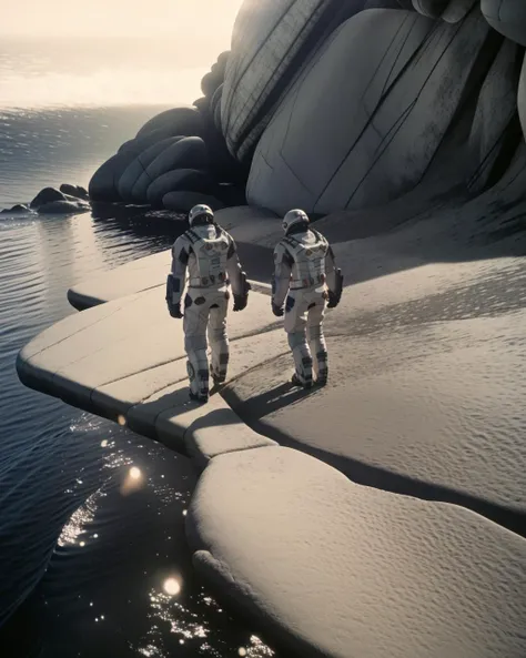 a group of astronauts walking on a rocky surface , unreal 5, a raytraced image