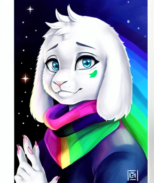 <lora:storyshiftAsriel_10:1> (detailed eyes), detailed realistic painting, male, detailed white fur, anime, asriel, aquarel, art, portrait, rainbow scarf, blue sweater, detailed hands, four fingers, insane details, looking forward, cartoon.