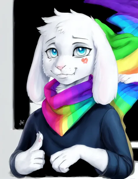 <lora:storyshiftAsriel_10:1>, detailed realistic painting, male, detailed white fur, anime, asriel, aquarel, art, portrait, rainbow scarf, blue sweater, detailed hands, shaded, four fingers, insane details, looking forward, cartoon, cute