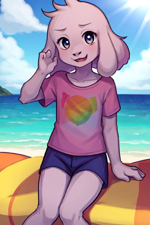 solo, 1boy, <lora:ssasriel-3:1>, summer, water, beach, anthro, rainbow t-shirt, shorts