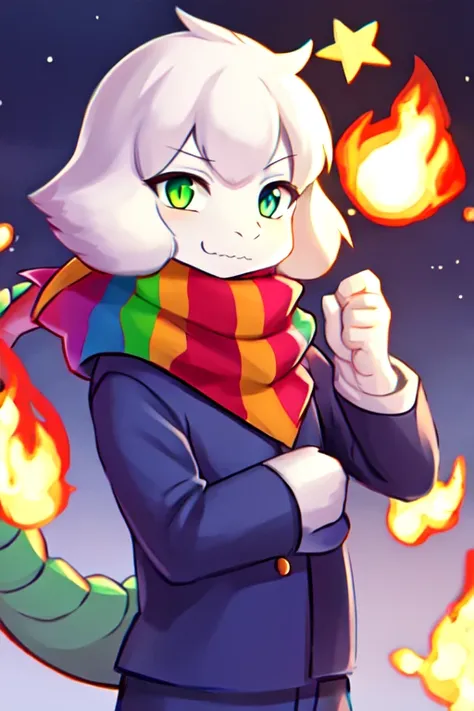 solo, 1boy, dragon, (dragon horns:1.2), fire, <lora:ssasriel-2:1>, night, stars, white hair, anthro, blue jacket, green_eyes, scarf