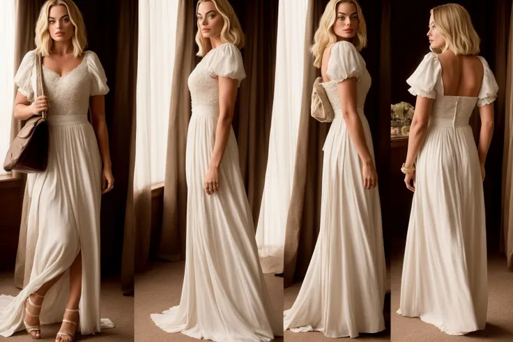 A character turnaround of margotrobbie, <lora:margotrobbie_v2:1> , ,masterpiece photograph,film grain