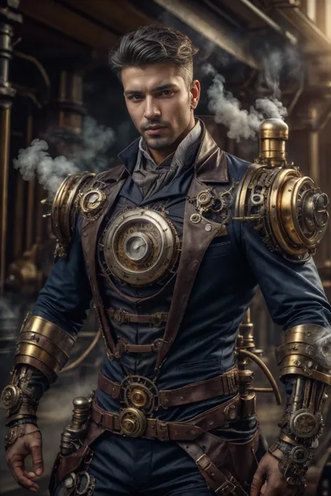 realistic, 8k, (masterpiece), (best quality), cinematic, dynamic lighting, soft shadow, highest detail, professional photography, detailed background, depth of field, insane details, finely detailed, (intricate details), aesthetic, detailed face, subsurface scattering, realistic hair, realistic eyes, muscular, photo of a handsome (arabian man), steam4rmor, wearing steampunk exosuit, dynamic pose, fighting stance, steampunk fantasy background,