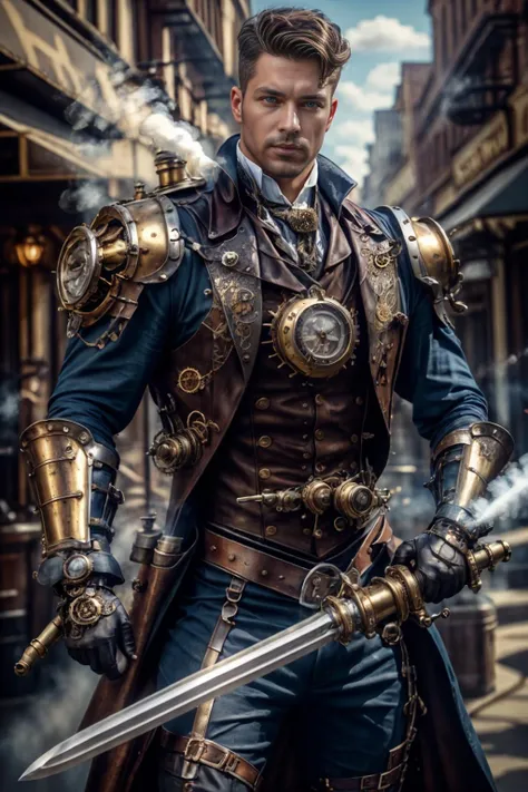 realistic, masterpiece, best quality, cinematic lighting, natural shadow, highest detail, professional photography, detailed background, depth of field, insane details, intricate, aesthetic, detailed face, subsurface scattering, realistic hair, realistic eyes, muscular, photo of a handsome man, steam4rmor, wearing steampunk knight armor, holding sword, steampunk city,