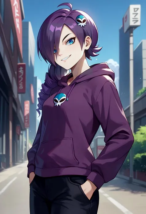 score_9, score_8_up, score_7_up, source_anime, solo, 1girl, zone-tan, smile, looking at viewer, hand in pocket, ahoge, hair over one eye, drill hair, skull hair ornament, purple hoodie, black pants, outdoors, city street <lora:zonearchive_zone-tan_ponyXL:1>