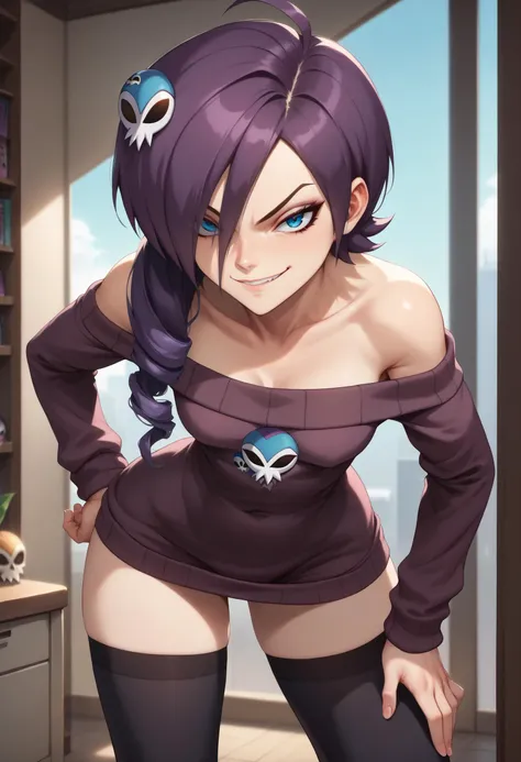 score_9, score_8_up, score_7_up, solo, 1girl, zone-tan, smirk, looking at viewer, hand on hip, hair over one eye, ahoge, drill hair, skull hair ornament, off-shoulder sweater, thighhighs <lora:zonearchive_zone-tan_ponyXL:1> bent over