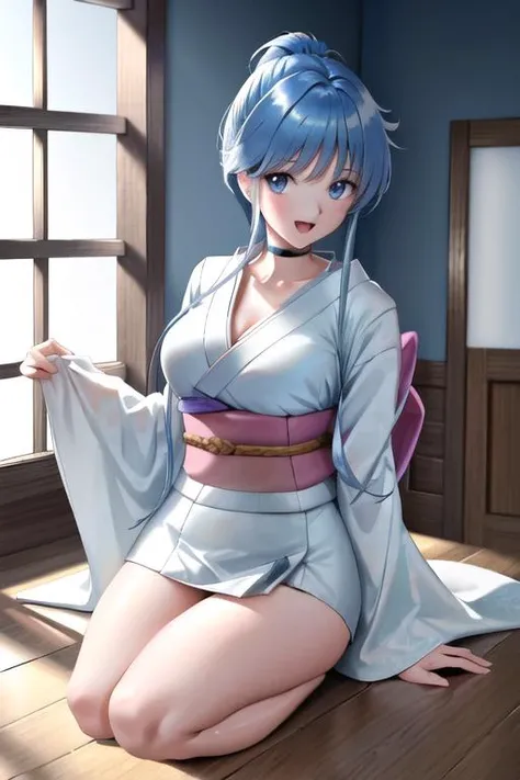 ((masterpiece)), (best quality), (absurdres:1.3), ((beautiful detailed cinematic light: 1.3)), (extremely detailed CG unity 8k wallpaper:1.3), (ultra-detailed:1.3), ((illustration:1.2)), ((indoors:1.3)), ((japanese room: 1.3)), (traditional house:1.3), (dark background:1.3), (depth of field:1.3), (best shadows:1.3), (god rays:1.3), (perfect anatomy:1.3),<lora:YukimeV4-10:1>, (1girl:1.3), YukimeV4,, (blue hair:1.3), (long hair:1.2),(high ponytail:1.3), (choker:1.3), (wide sleeves), (japnese clothes:1.3), (white clothes:1.3), (((kimono:1.3))), (sash:1.3), (smile:1.3), open mouth, (shiny and glossy hair:1.3), (symmetry face:1.3), (wide-eyed:1.3), (expressive eyes:1.3), ((beautiful and detailed eyes:1.3)), (detailed pupils:1.3), (blue eyes:1.3), (large breasts:1.3), (cleavage:1.3), (correct limbs:1.3), ((slender:1.3)), (thighs:1.3), (bare legs:1.3), obi, wariza, ((short kimono:1.3)), ((full body)), (looking at viewer:1.3), <lora:envybetterhandsLocon_beta2:1> ,
