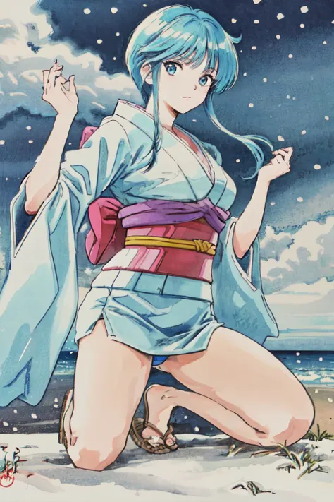 (masterpiece, best quality;1.3), ultra detailed, <lora:YukimeV4:0.9>, YukimeV4,looking at viewer, from below,
fighting stance, cowboy shot, japanese clothes, kimono, sash, bare legs, obi, sandals, short kimono, standing, large breast, snow, squatting, blue panties,
beach, <lora:jcjp:0.7>