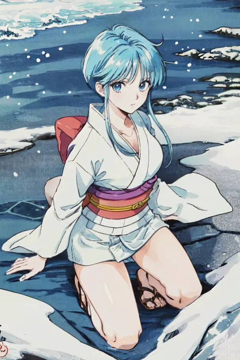 (masterpiece, best quality;1.3), ultra detailed, <lora:YukimeV4:0.9>, YukimeV4,looking at viewer, from above,
fighting stance, cowboy shot, japanese clothes, kimono, sash, bare legs, obi, sandals, short kimono, standing, large breast, snow, squatting, blue panties,
beach, <lora:jcjp:0.7>