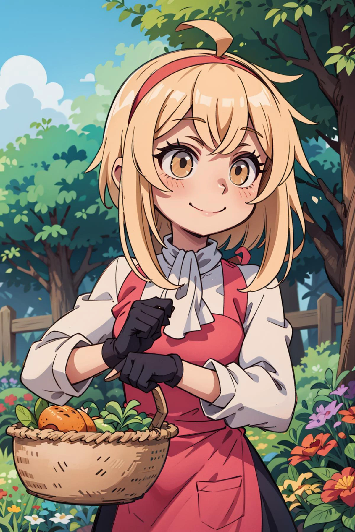 1girl, (masterpiece:1.3), (high resolution), (8K), (extremely detailed), (4k), (pixiv), perfect face, nice eyes and face, (best quality), (super detailed), detailed face and eyes, (solo), textured skin, absurdres, highres, <lora:more_details:0.5>, <lora:alyssa-09:0.7>, alyssawz, orange eyes, black gloves, very long hair, blonde hair, red hairband, black skirt, white shirt, long sleeves, white ascot, ahoge, frills , hair ribbon, pink apron, garden, cute pose, dynamic angle, basket,