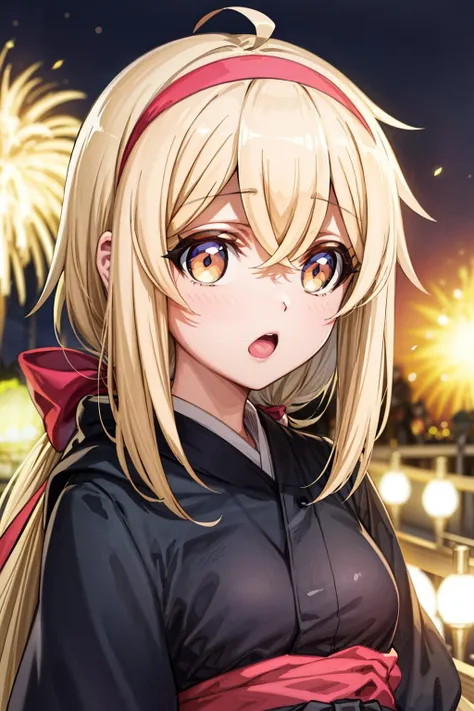 1girl, (masterpiece:1.3), (high resolution), (8K), (extremely detailed), (4k), (pixiv), perfect face, nice eyes and face, (best quality), (super detailed), detailed face and eyes, (solo), textured skin, absurdres, highres, <lora:more_details:0.5>, <lora:alyssa-09:0.7>, alyssawz, orange eyes, very long hair, blonde hair, red hairband, hair ribbon, yukata, night, summer festival, fireworks, :o,