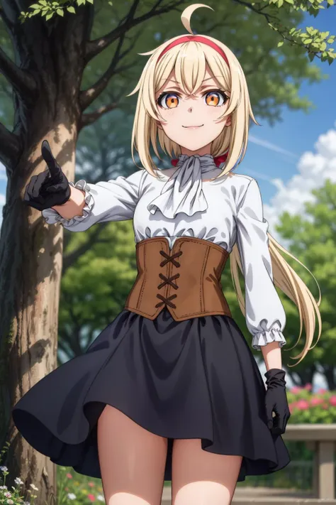 1girl, (masterpiece:1.3), (high resolution), (8K), (extremely detailed), (4k), (pixiv), perfect face, nice eyes and face, (best quality), (super detailed), detailed face and eyes, (solo), textured skin, absurdres, highres, <lora:more_details:0.5>, <lora:alyssa-09:0.7>, alyssawz, orange eyes, black gloves, very long hair, blonde hair, red hairband, black skirt, white shirt, long sleeves, white ascot, ahoge, corset, hair ribbon, frills, smile, nature, tree, flower, garden, view from below, angry, pointing at viewer, evil smile