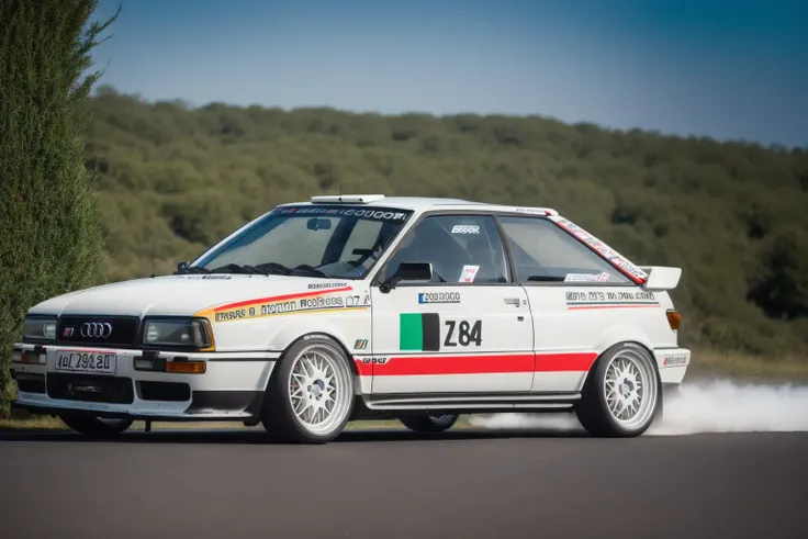 (AUDI80S2) ((white RALLY)) car, import tuner, graffiti, ((racing)), photorealistic, shot by Sony a7iii <lora:AUDI80S2:0.8> <lora:epiNoiseoffset_v2:0.8>