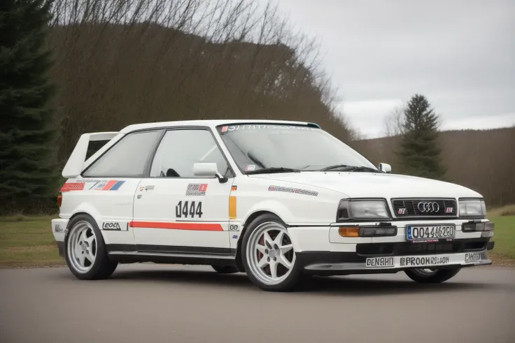(AUDI80S2) ((white RALLY)) car, import tuner, graffiti, ((racing)), photorealistic, shot by Sony a7iii <lora:AUDI80S2:0.8> <lora:epiNoiseoffset_v2:0.8>