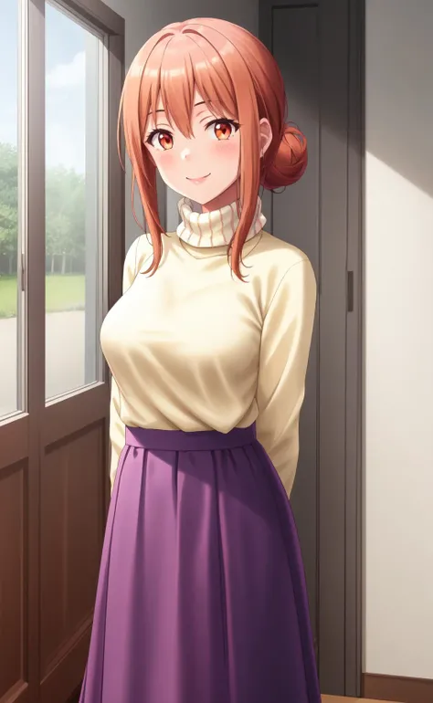<lora:1more_details:0.3>, <lora:mrs_yuigahama_v1:0.8> mrs yuigahama, orange hair, hair bun,masterpiece, best quality, looking at viewer, smile, blush,(cream turtleneck sweater:1.3),(purple long skirt:1.3), house, indoors, milf, hands behind back,