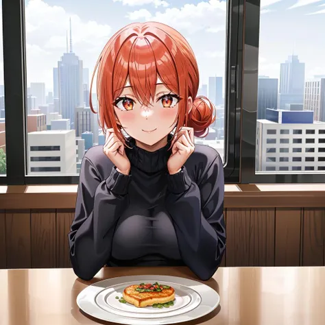masterpiece, (best qulaity:1.3), 8K, wallpaper, depth of field, beautiful detailed eyes, (1girl, mrs yuigahama, orange hair, hair bun, turtleneck sweater, smile, medium breasts, upper body, sitting, hand on chin, looking at viewer, straight-on, pov, indoors, window, city, booth seating, table, plate, food, vegetable) <lora:mrs_yuigahama_v1:0.8>