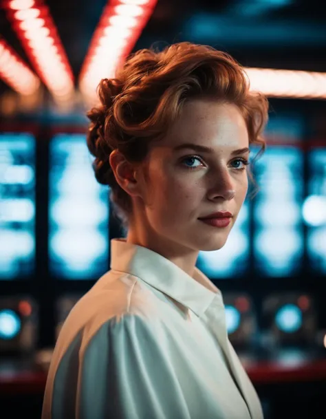 cinematic photo a resilient ((ohwx woman)) As Scarlet, overseeing Shinra's weapons development, her ambition and authority evident in every command., Hair styled in an elegant updo, embodying her status and power within the Shinra hierarchy., <lora:maya_dh128_v1-step00015000:1> . 35mm photograph, film, bokeh, professional, 4k, highly detailed