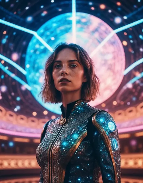 cinematic photo ((ohwx woman)) in the universe experiencing itself., Universe fulfilling the body, fantasy, renaissance aesthetic, Star trek aesthetic, pastel colors aesthetic, intricate fashion clothing, highly detailed, surrealistic, digital painting, concept art, sharp focus, illustration <lora:maya_dh128_v1-step00015000:1> . 35mm photograph, film, bokeh, professional, 4k, highly detailed