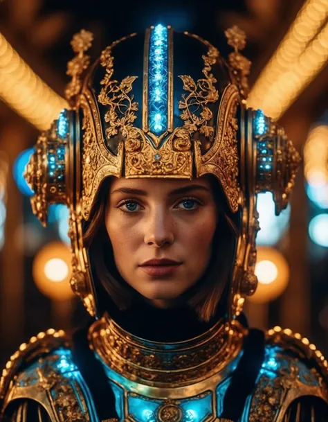 cinematic photo portrait of ((ohwx woman)) wearing an ornate cybernetic helmet, by jan van eyck and johannes vermeer. glowing lights intricate artwork masterpiece trending on artstation 8 k 150 mpx hdr cgsociety contest winner award winning photography beautiful lighting detailed realistic well proportioned headshot portrait unreal engine 5 extremely high quality wallpaper 4k octane render neon colors sharp focus illustration surrealism close up shot super wide angle shallow depth of field <lora:maya_dh128_v1-step00015000:1> . 35mm photograph, film, bokeh, professional, 4k, highly detailed