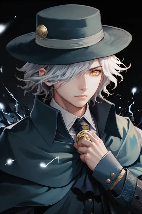 (masterpiece, best quality:1.2), <lyco:fate_edmonddantes-10:1.0>, solo, 1boy, male focus, edmond dantes, expressionless, closed mouth, looking at viewer, wavy hair, hair over one eye, hat, formal, shirt, long sleeves, cape, electricity