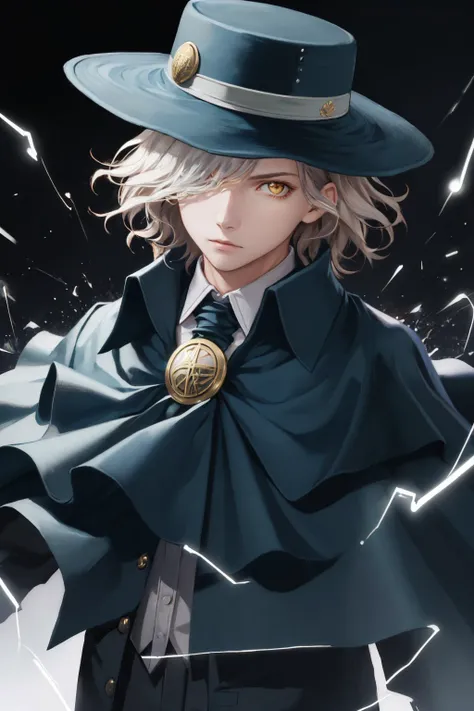 (masterpiece, best quality:1.2), <lyco:fate_edmonddantes-10:1.0>, solo, 1boy, male focus, edmond dantes, expressionless, closed mouth, looking at viewer, wavy hair, hair over one eye, hat, formal, shirt, long sleeves, cape, electricity