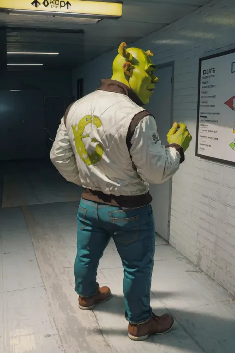 High Quality, Masterpiece, <lora:drivejacket-outfit-richy-v1:1> (print jacket, white jacket), from behind, jeans, shrex, green skin, ogre, shrek, <lora:Char_Sigmas_Shrek:0.9>, 1boy,  <lora:background_theexit8:1>, theexit8, indoors, tiles,