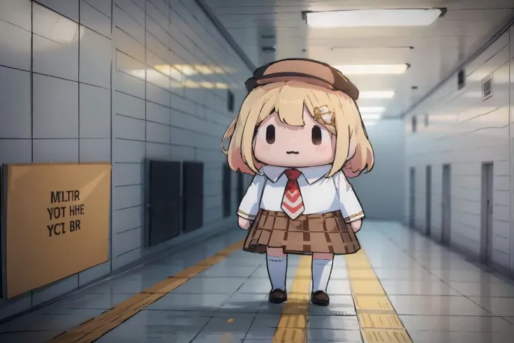 masterpiece, best quality, <lora:background_theexit8-10:1> theexit8, indoors, tiles <lora:style_walfie-20:1> chibi <lora:ame-10:1> amelia watson, amelia_detective, collared shirt, red necktie, plaid skirt, thighhighs