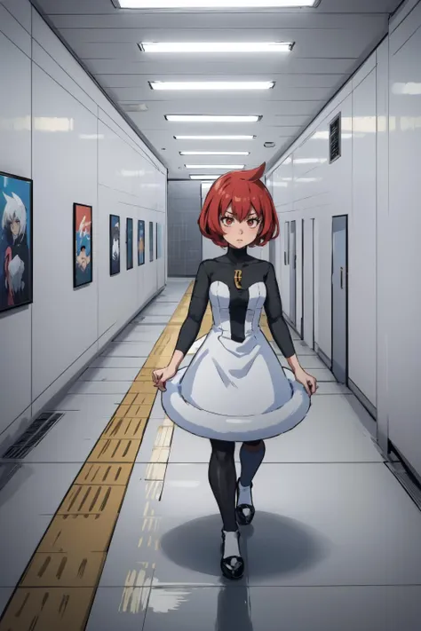 masterpiece, best quality, <lora:background_theexit8-10:1> theexit8, indoors, tiles <lora:pkmnmars-nvwls-v1:1> pkmnmars, black and white dress, long sleeves, black pantyhose, walking, worried, scared