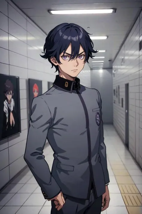 masterpiece, best quality, solo, 1boy, looking at viewer,  <lora:background_theexit8:1>, theexit8, indoors, tiles,  <lora:NaoyaV3:1>, Naoya, purple eyes, school uniform, grey pants,