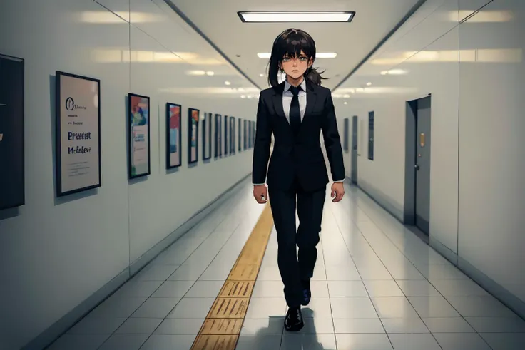 (masterpiece, best quality:1.2), theexit8, indoors, tiles, solo focus, 1girl, kobenidef, sweat, scared, walking, short ponytail, hairclip, formal, suit, black necktie, long sleeves, black pants, shoes <lora:background_theexit8-10:1> <lora:csm_higashiyamakobeni:0.8>