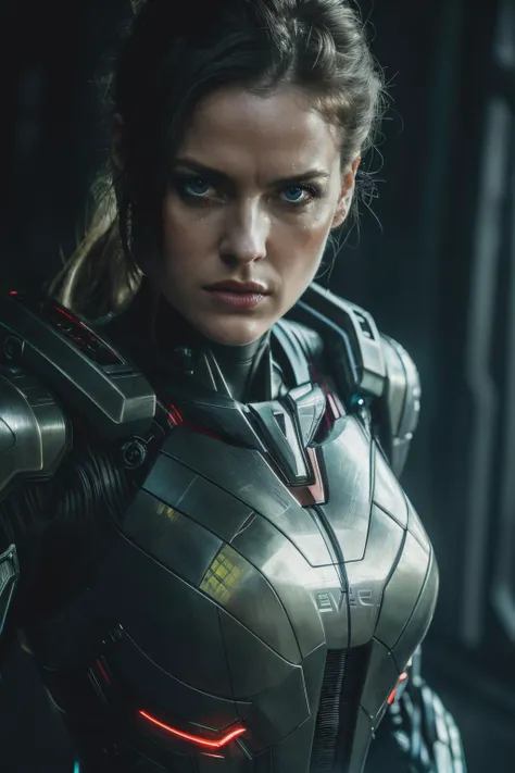ndv, ((best quality)), ((masterpiece)), (detailed), Midjourney Style, close-up, woman, robot, red eyes, concept art, inspired by Marek Okon, digital art, Crysis Nanosuit, futuristic, (glowing elements:1.1), 4:3 aspect ratio, dynamic duo,<lyco:NinaDobrev-RealVision-V1.0:1.0>