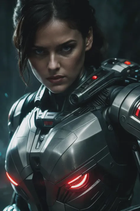 aev , ((best quality)), ((masterpiece)), (detailed), Midjourney Style, close-up, woman, robot, red eyes, concept art, inspired by Marek Okon, digital art, Crysis Nanosuit, futuristic, (glowing elements:1.1), 4:3 aspect ratio, dynamic duo,<lyco:AliceEve-RealVision-V1.0:1.0>