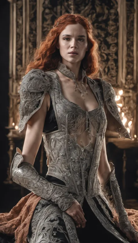 Face of Sophie Turner, Sansa Stark played by Sophie Turner, (solo), the de facto Lady of the Eyrie, is a 40-year-old mature queen with a stunning, alluring appearance. Full Face, pierced eyes, reddish lips, upper body shot, erotic Mediaeval costumes, game of thrones costumes, She wears a Game of Thrones-inspired costume and has a deep cleavage, a perfect thick body, and a perfect thick figure. The photograph captures her in a close-up, with her skin texture and facial features being ultra-realistic and realistic. Juicy thick figure, high quality skin, Skin pores, amazing details, snow, snow flakes, semi realistic, extremely detailed eyes, dark moody orange and black settings, cool environment, artificial intelligence