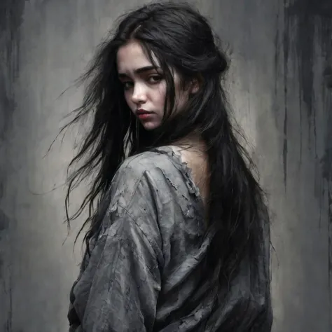 Female Fine delicate details. Young woman wearing old tattered clothes. Long dark messy hair. Painful numbing grief and sadness as seen from behind. Dark gray tones. gray Background with heavy texture.