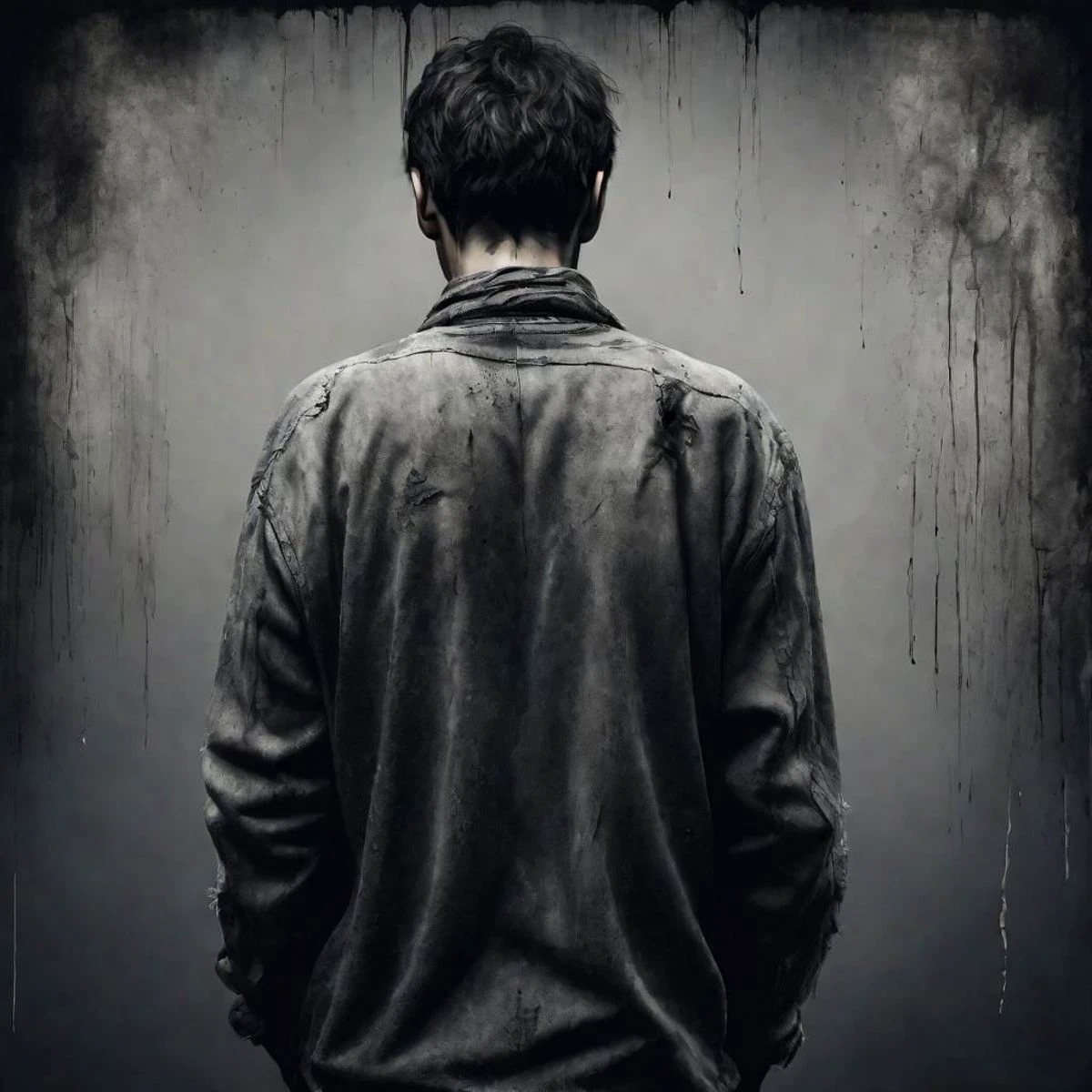 Male Fine delicate details. man wearing old tattered clothes. Painful numbing grief and sadness as seen from behind. Dark gray tones. gray Background with heavy texture. Monotone