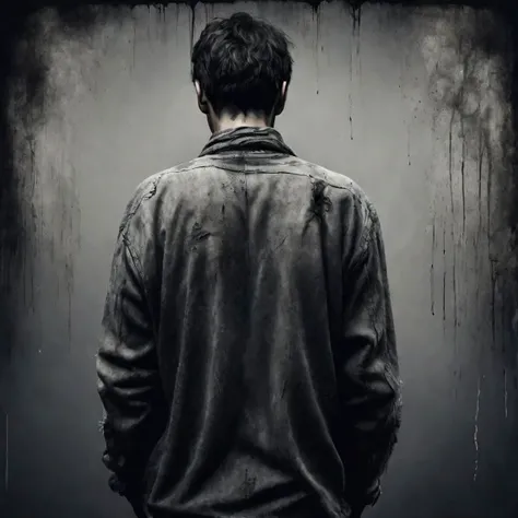 Male Fine delicate details. man wearing old tattered clothes. Painful numbing grief and sadness as seen from behind. Dark gray tones. gray Background with heavy texture. Monotone