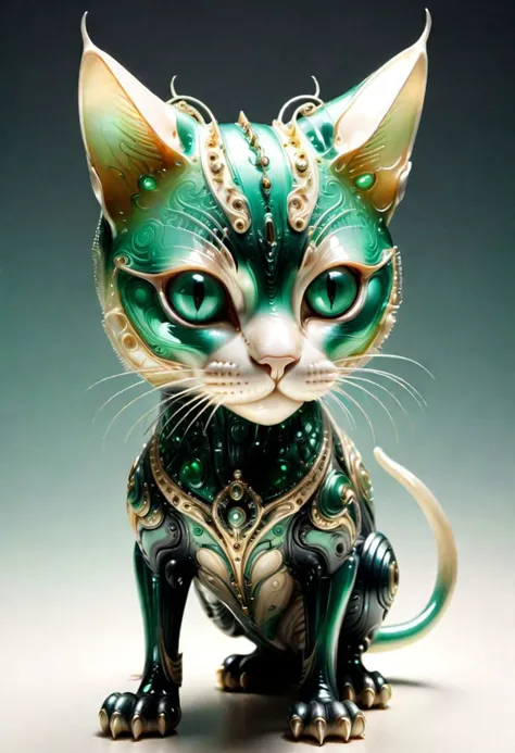 ASCIIbeautiful futuristic cat figure, photorealistic cat eyes, translucent, ornate with decorative wiring, tendrils, and armour, luminescent gradient emerald, topaz and cream colours, cinematic, crepuscular lighting, in the style of Hr. Giger, Noha Bradley