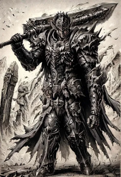 (Guts berserk),berserk form, (Wielding sword with two hands:1.2) wearing berserker armor,(masterpiece),(best quality),(ultra-detailed), (full body:1.2),((Kentaro Miura Style)),8K